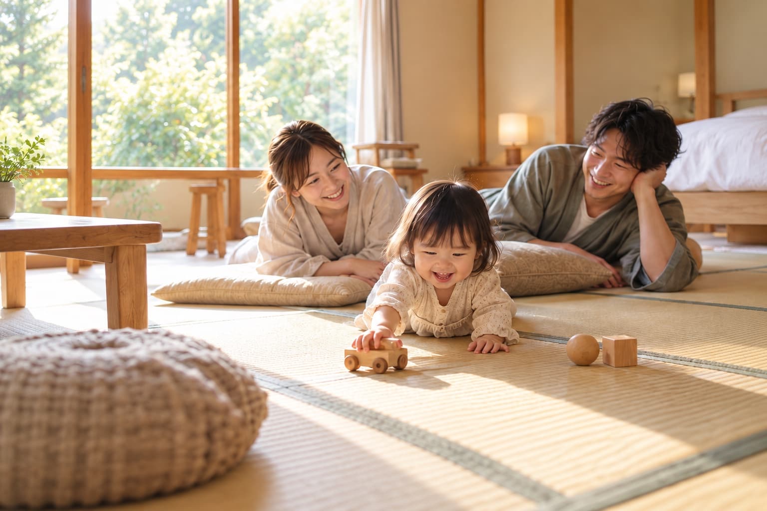 畳の客室で木のおもちゃを囲み、くつろいで過ごす親子